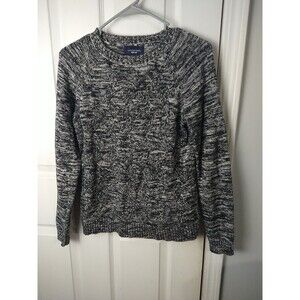 Lands End Woman M Black Grey Marbled Cable Knit Sweater Pullover Casual LS